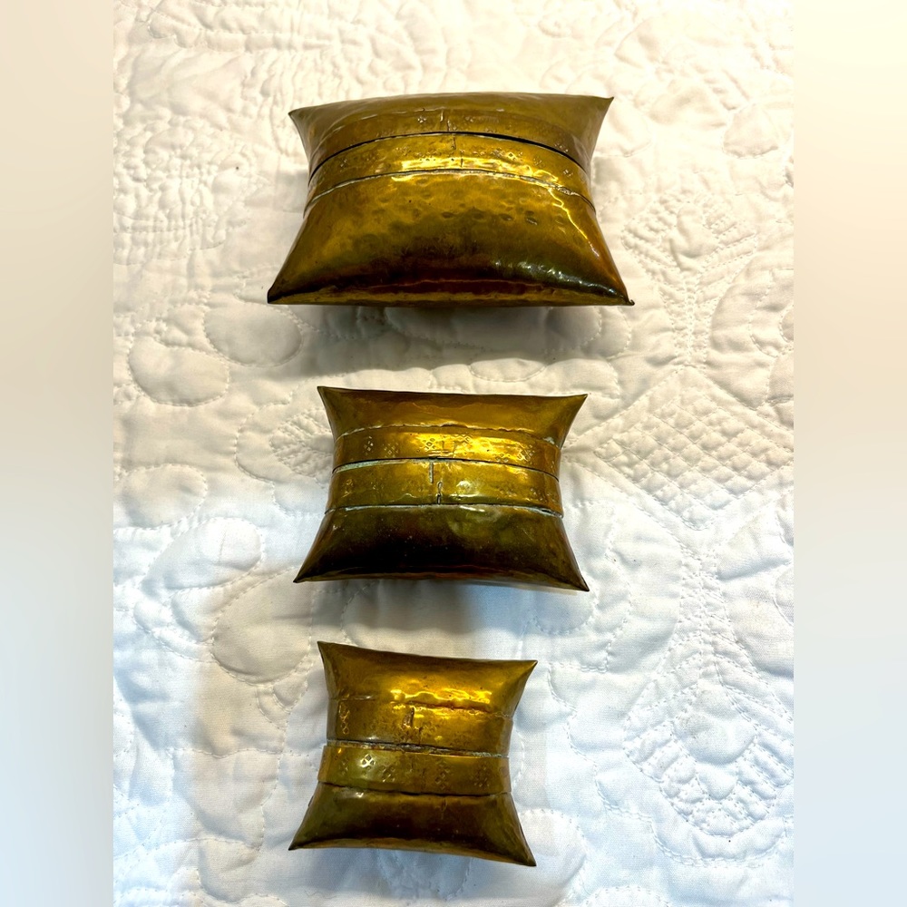 Vintage set of 3 brass nesting trinket pillows India, each fits inside the other